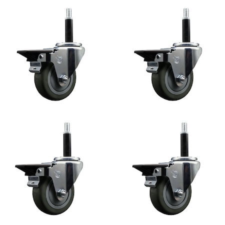 Service Caster 3.5'' Gray Poly Swivel 3/4'' Expanding Stem Caster Set with Brake, 4PK SCC-EX20S3514-PPUB-PLB-34-4